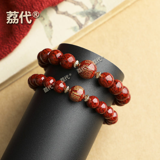 荔代 朱砂圆珠手串大颗粒晶体砂般若波罗心经单圈手链厂家直供