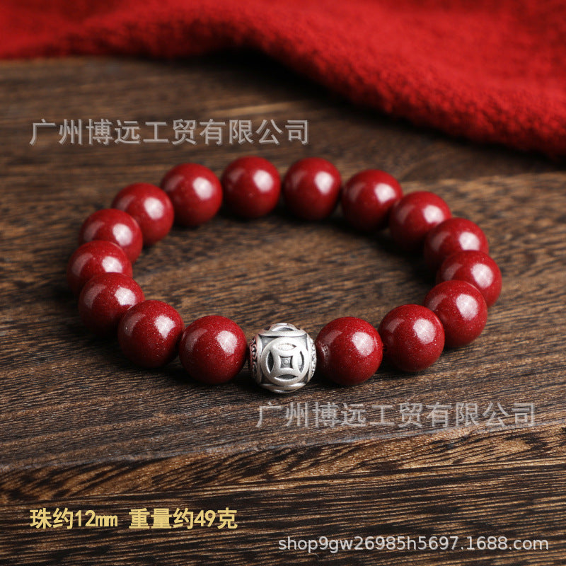 天然原矿朱砂 高含量紫金砂圆珠手串s925银百福 金钱珠 单圈手链
