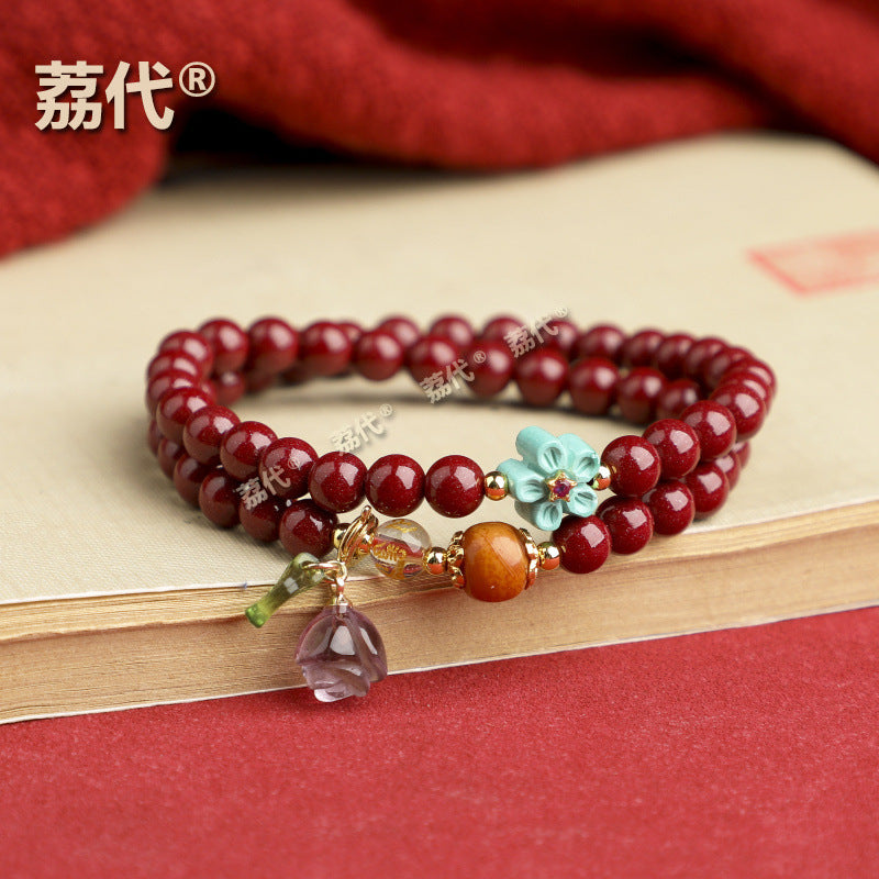 荔代 批发朱砂 紫金砂手链 双圈手串两圈 配天然蜜蜡鼓珠 紫水晶
