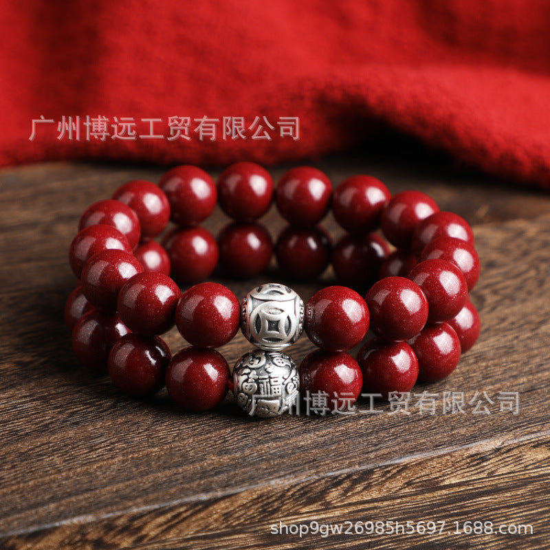 天然原矿朱砂 高含量紫金砂圆珠手串s925银百福 金钱珠 单圈手链